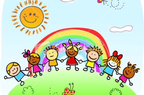 istockphoto 10023480 happy children holding hands playing outside spring summer nature cartoon 472x312 c